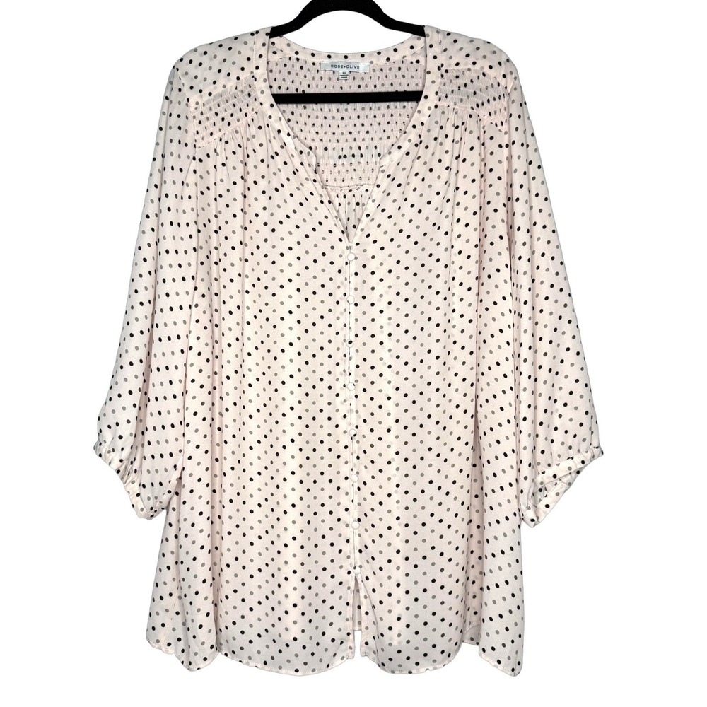 Rose Olive Top 3X Plus Tunic Shirt Top 3/4 Sleeve Flowy Polka Dots Relaxed